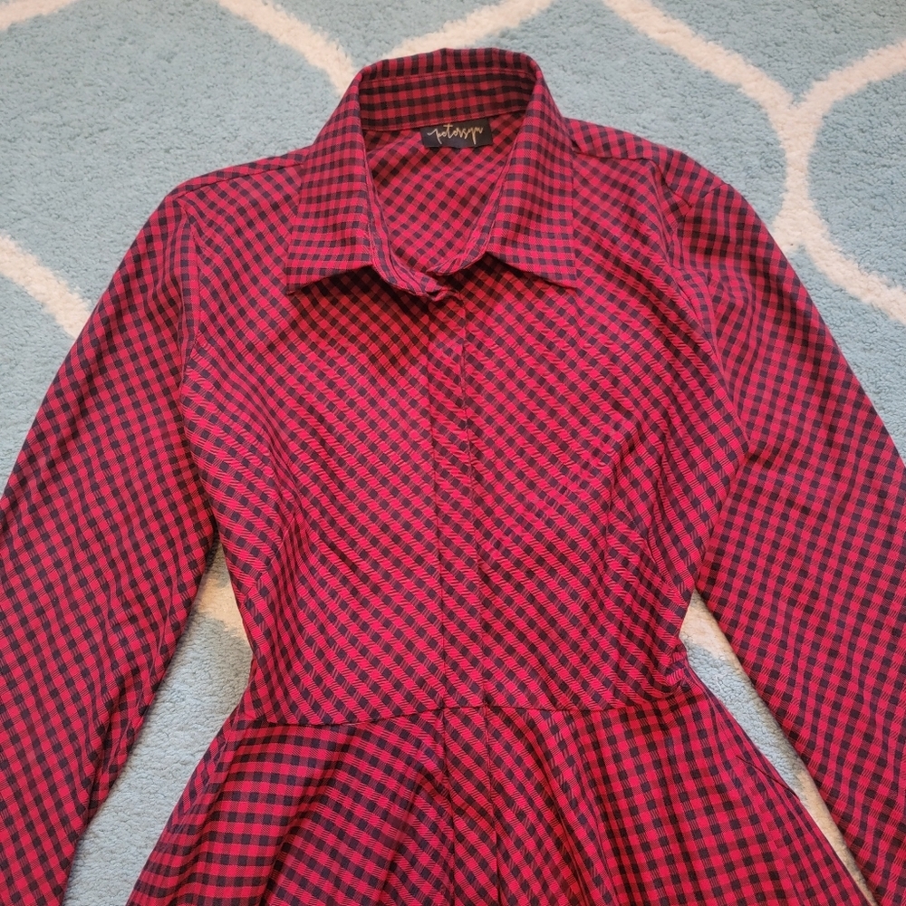 Petersyn Sutton Tartan Red Plaid Cotton Asymmetric A-line Midi Dress Size Small - Picture 7 of 15